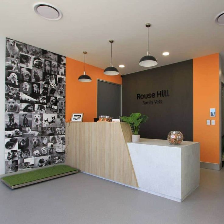 an office with orange walls and black and white pictures on the wall behind the counter