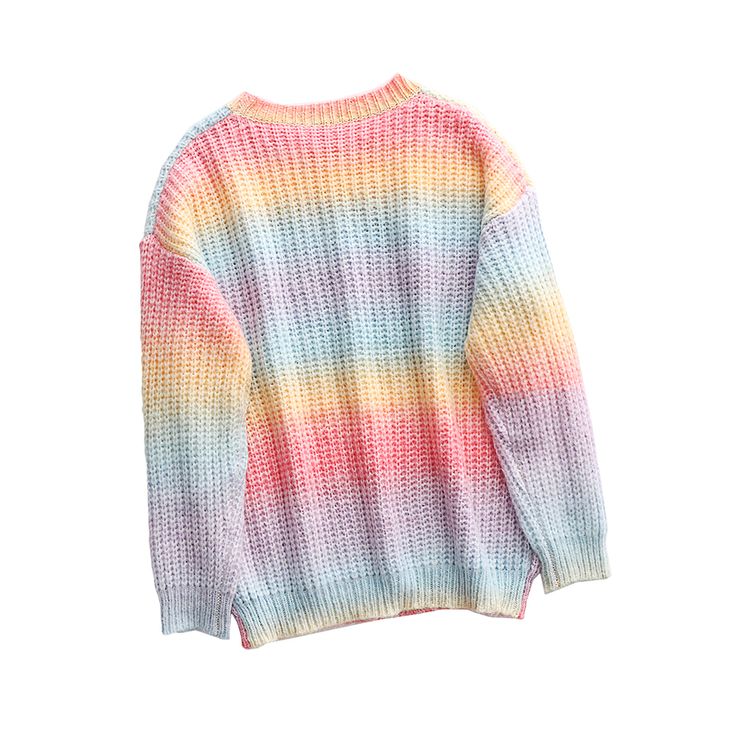 Multicolor Rainbow Striped Pullover Sweater Multicolor Knit Tops With Ribbed Cuffs, Multicolor Long Sleeve Casual Sweater, Casual Multicolor Long Sleeve Sweater, Rainbow Long Sleeve Sweater For Spring, Multicolor Winter Sweater With Ribbed Cuffs, Spring Rainbow Long Sleeve Sweater, Winter Multicolor Sweater With Ribbed Cuffs, Long Sleeve Rainbow Sweater For Spring, Trendy Rainbow Long Sleeve Sweater