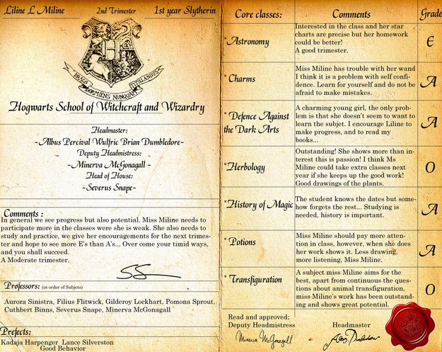 an old harry potter school certificate