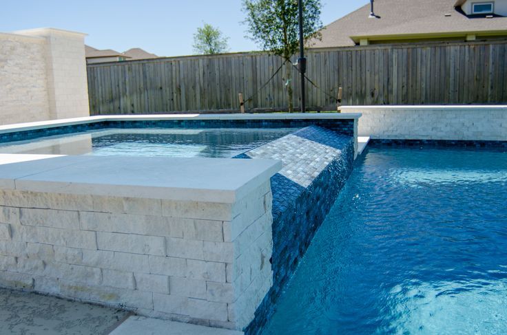 Custom Pool And Raised Spa With Spillover Pools With Raised Spa, Raised Spa With Spillover, Spa Spillover Into Pool, Spillover Spa Pool, Pebble Sheen Pool Colors, Pool With Raised Spa, Spillover Spa, Raised Pools, Geometric Pool