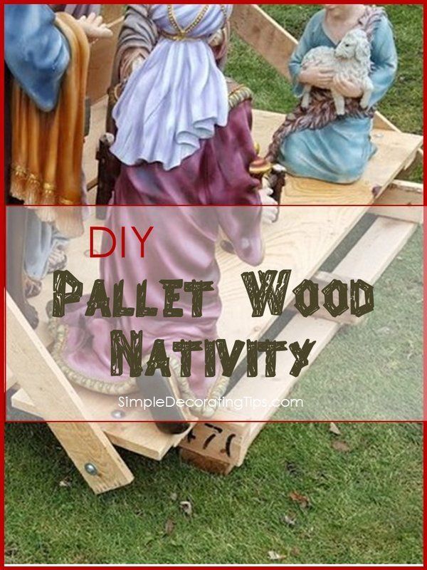 some wooden nativity figurines sitting on top of a piece of wood with the words diy pallet wood nativity