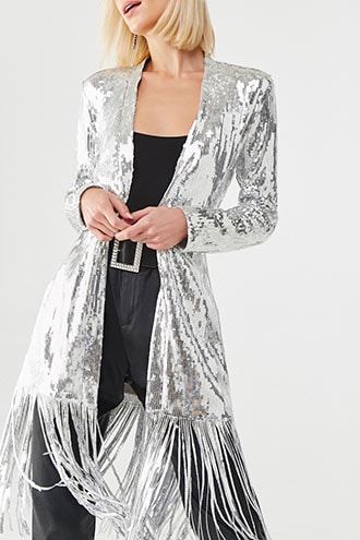 Sequin Fringe Wrap Coat Glamorous Spring Cardigan For Night Out, Glamorous Winter Cardigan, Winter Night Out Open Front Outerwear, Trendy Cardigan For Night Out In Fall, Trendy Fall Cardigan For Night Out, Open Front Cardigan For Party In Fall, Open Front Cardigan For Fall Parties, Trendy Outerwear For Night Out And Party Season, Trendy Outerwear For Party Season