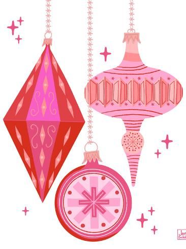 two christmas ornaments hanging from chains on a white background with stars and snowflakes