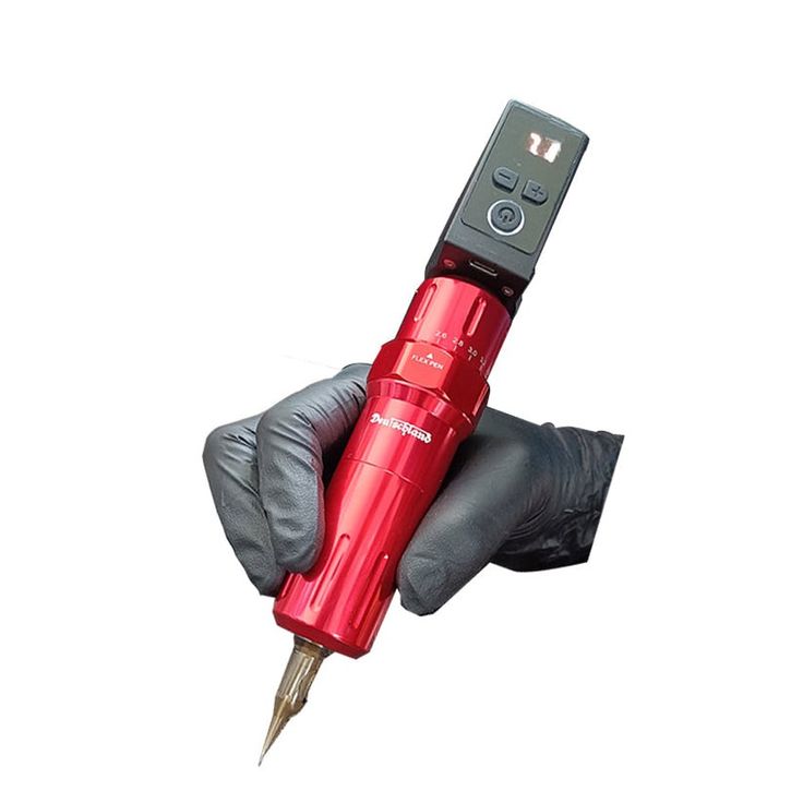 a hand holding a red electronic device with a pen in it's left hand