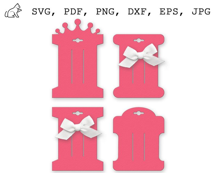 pink paper cutouts with white bows and crowns on them are shown in three different sizes