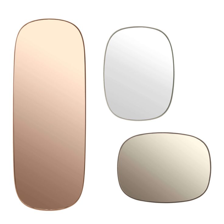 three mirrors with different shapes and sizes are shown on a white background, including one in the