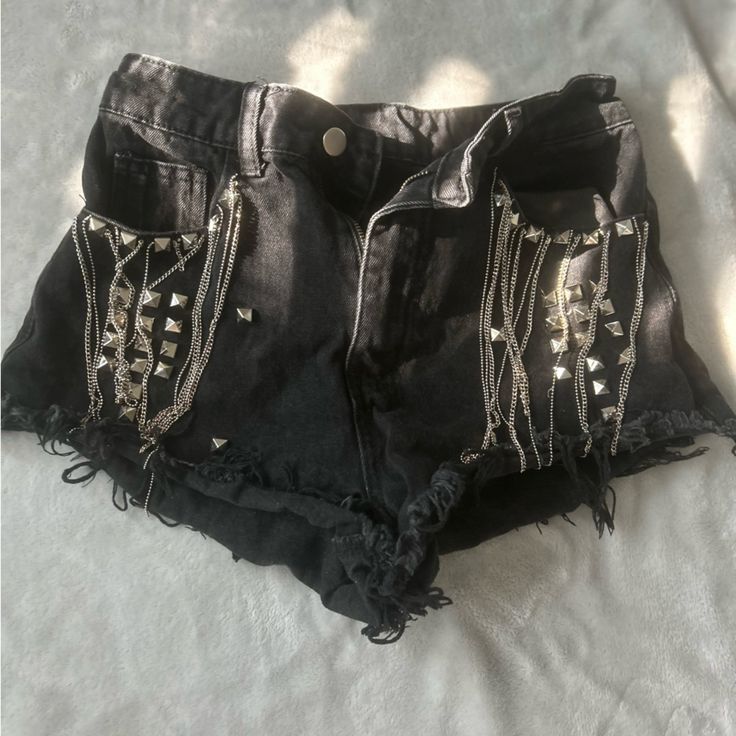 Xs Shein Black Studded Shorts Never Worn Summer Party Cutoff Bottoms, Punk High Waist Summer Shorts, Trendy Black Short Bottoms, Trendy High Waist Bottoms For Festivals, Trendy Cutoff Bottoms For Party, Edgy High Rise Shorts For Summer, Trendy Black Shorts, Edgy High Rise Summer Shorts, Edgy High-rise Summer Shorts