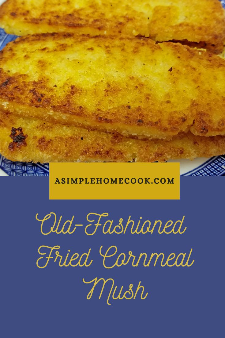 two fried fish fillets on a blue and white plate with the words old - fashioned fried cornmeal mush