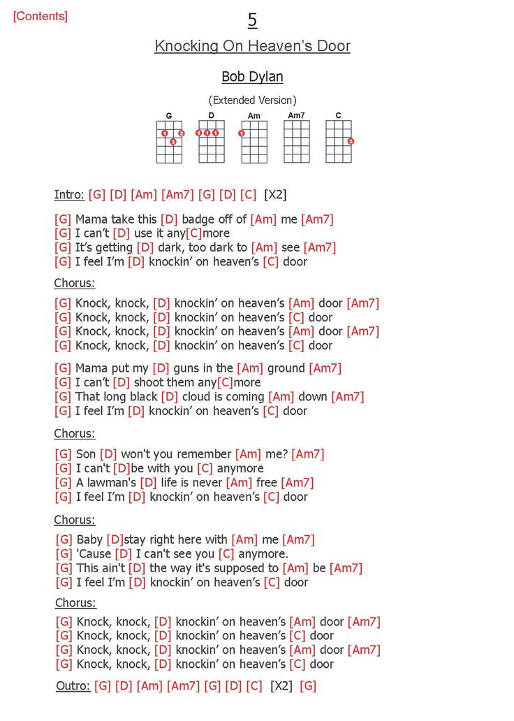 the guitar chords page for knocking on heaven's door, which is written in red and