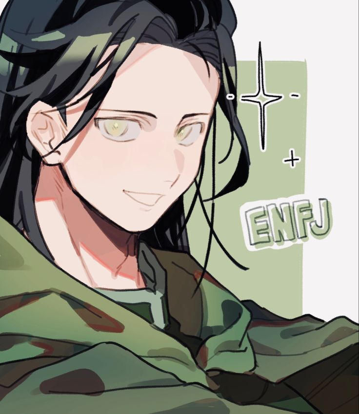 an anime character with long black hair and green eyes, wearing a camo shirt