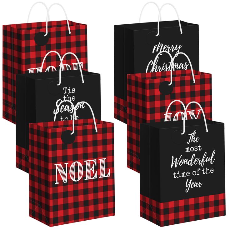 four black and red shopping bags with the words noel, merry christmas and the most wonderful time of the year