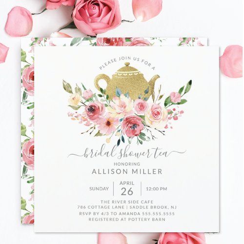 a floral bridal shower tea party with pink roses and gold teapot on it