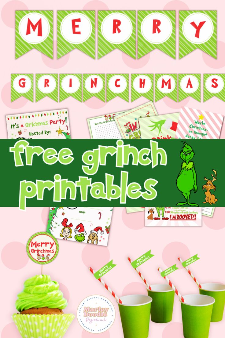 christmas printables and cupcakes with green frosting on pink polka dot background