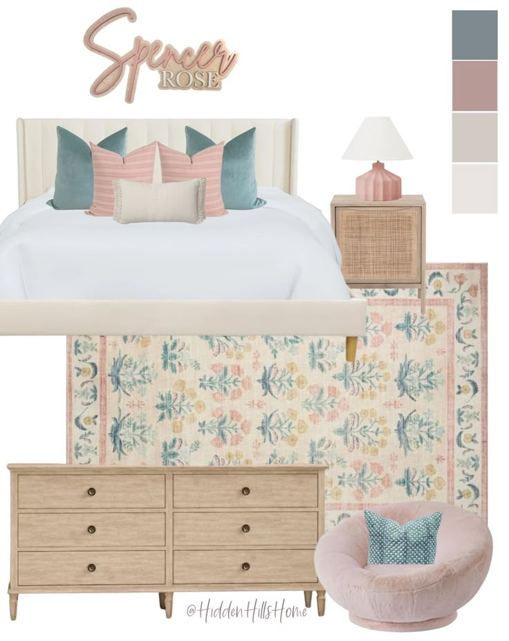 the bedroom is decorated in pastel tones