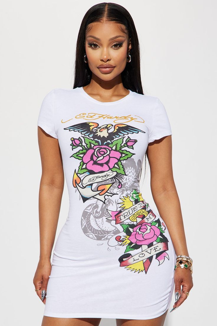 Available In White. T-shirt Dress Crew Neck Short Sleeve Ed Hardy Graphic Front And Back Screen Disclaimer: Due To The Printing Process A Difference In Saturation May Occur. Each Garment Is Unique. 80% Cotton 20% Polyester Imported | True Love Ed Hardy Tshirt Dress in White size XL by Fashion Nova Hardy Tshirt, Ed Hardy, High Fashion Street Style, Fit Inspo, White Fashion, Fashion Street, White T Shirt, Dress White, Sleeve Cotton