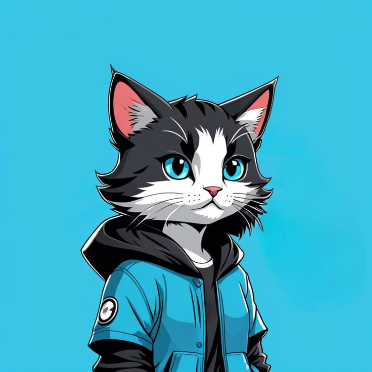 a black and white cat with blue eyes wearing a hoodie, standing in front of a blue background