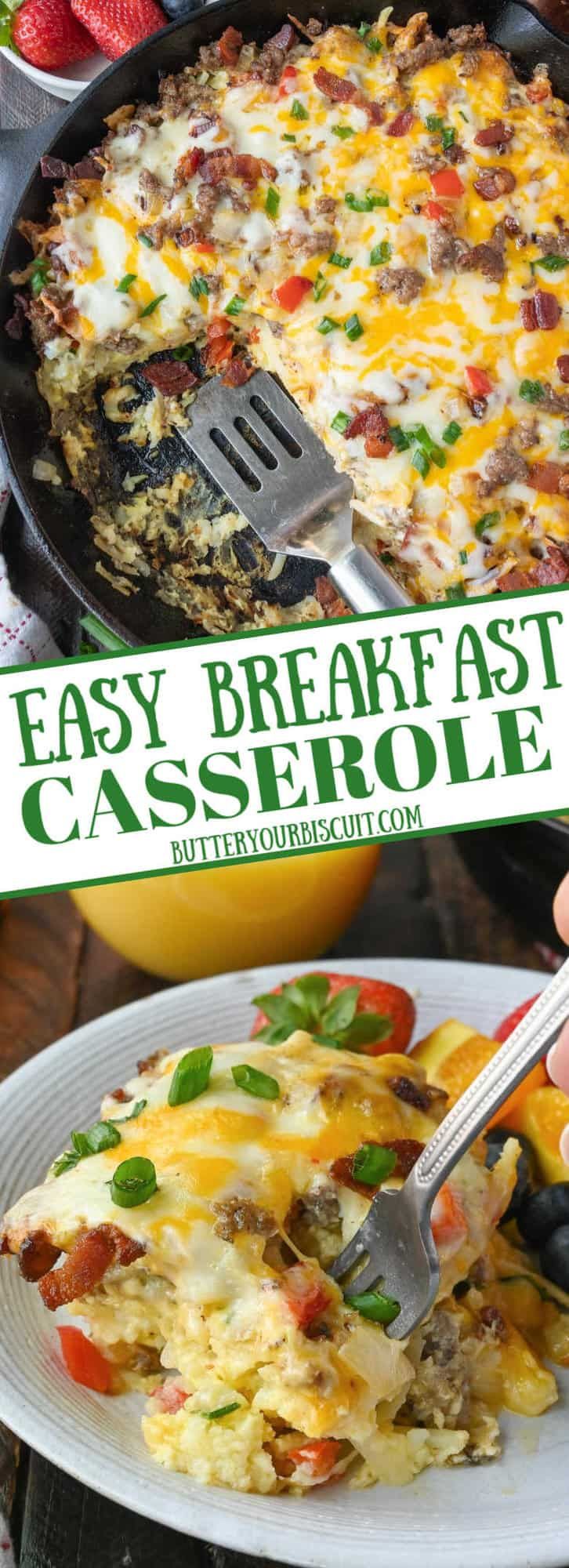 this easy breakfast casserole is loaded with meat, cheese and vegetables it's ready to be eaten