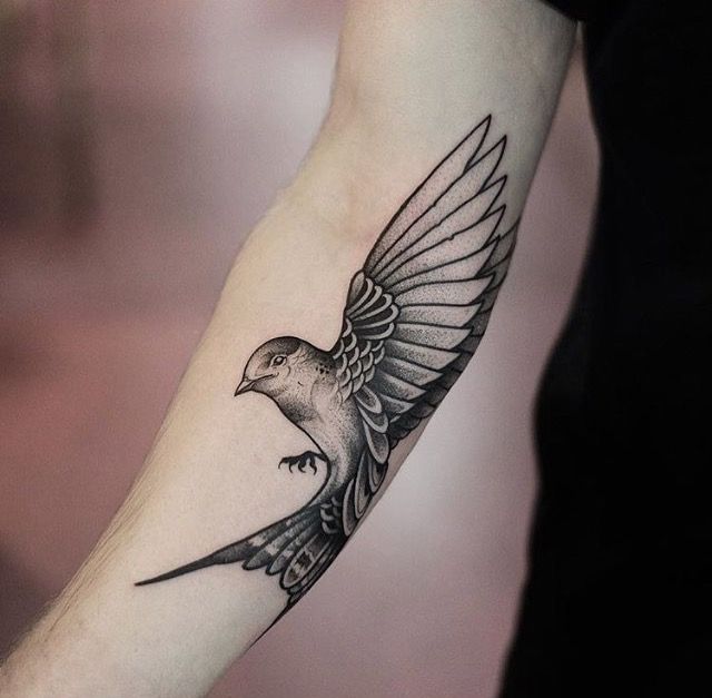 a black and white bird tattoo on the arm