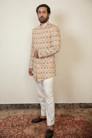 Shop for Arjan Dugal Multi Color Colorblock Bandhgala Set for Men Online at Aza Fashions Embroidered Bandhgala, Silk Pant, Silk Pants, Full Sleeves, Floral Motifs, Embroidered Silk, Aza Fashion, Full Sleeve, Floral Motif