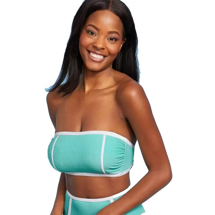 Womens Terry Textured Solid Bandeau With Binding Bikini Top Kona Sol Turquois Size M * Soft, Stretchy Terry-Textured Fabric For Comfort In And Out Of The Water * Turquoise Blue Color With Chic White Binding On The Trim And Front For A Sporty Contrast * Detachable Over-The-Shoulder Straps For Versatile Wear * Back Hook-And-Loop Fastener For A Secure Fit * Removable Cups For Customizable Styling * Versatile For Pairing With Matching Or Other Bottoms For Various Styling Options Green Strapless Swimwear For Poolside, Green Strapless Swimwear, Light Blue Bandeau Tube Top For Summer, Vacation Blue Strapless Tube Top, Blue Strapless Tube Top For Vacation, Green Bandeau Tube Top For Swimming, Green Beachwear Tube Top For Vacation, Strapless Green Swimwear For Pool, Summer Sleeveless Tube Top For Poolside