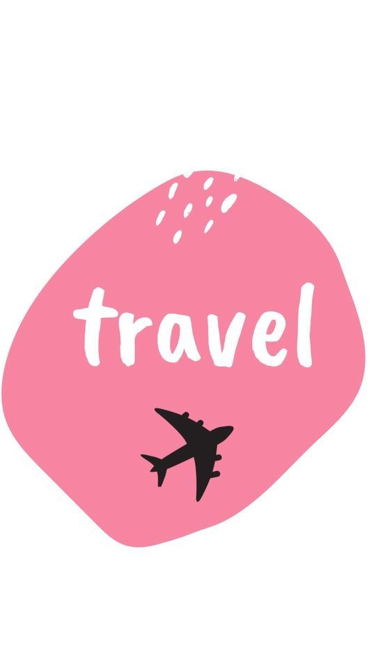 the words travel are written in white letters on a pink oval with an airplane flying over it