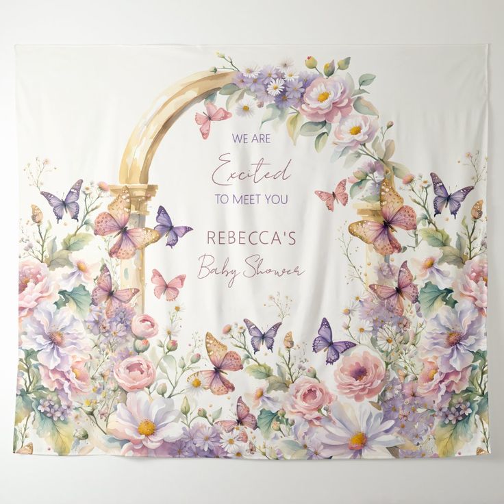 a banner with flowers and butterflies on it