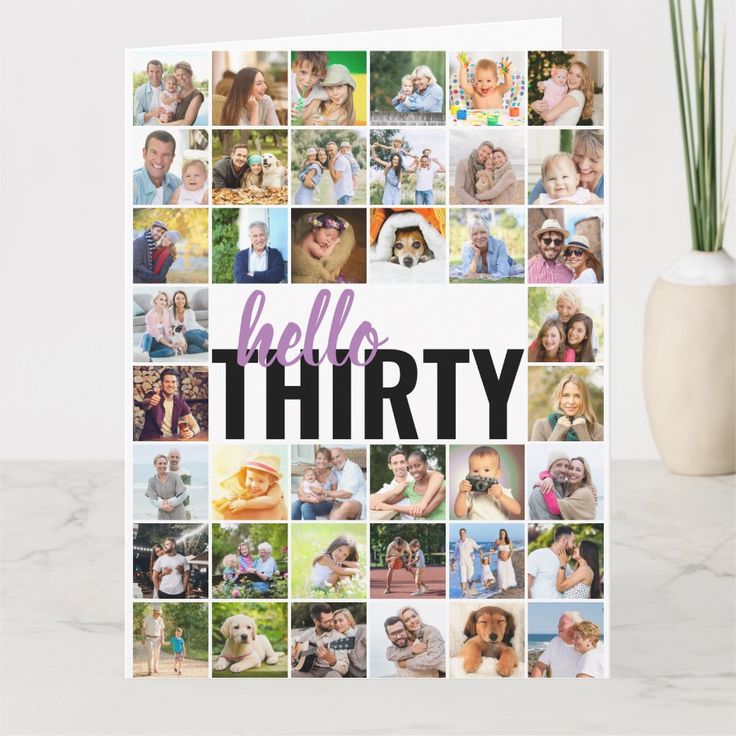 a card with the number ten on it and pictures of people in different ages are displayed next to a potted plant