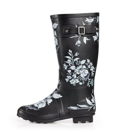 NORTY Womens Floral Print Hi Calf Rain Boots Black. Adult Ladies Waterproof Winter Spring Garden Boot Medium Width. No matter how wet, muddy, or slick it gets outside, our adult rain boots for women have you covered. An 11.25 inch boot shaft with fun, feminine styling keeps you warm, dry, and outfitted in fresh fall and winter-ready looks. This extra-roomy insulated rubber boot lets you layer on your favorite thick socks on the colder days, and a rugged rubber tread sole makes sure you don't slip and slide. Whether you're using them as garden shoes or from point A to point B, they have a matte finish that makes them easy to clean after a full day outdoors. Size: large.  Gender: female. Stylish Rain Boots, Cold Weather Socks, Rain Boots For Women, Floral Rain Boots, Best Rain Boots, Garden Boots, Garden Shoes, Ankle Rain Boots, Rain Shoes