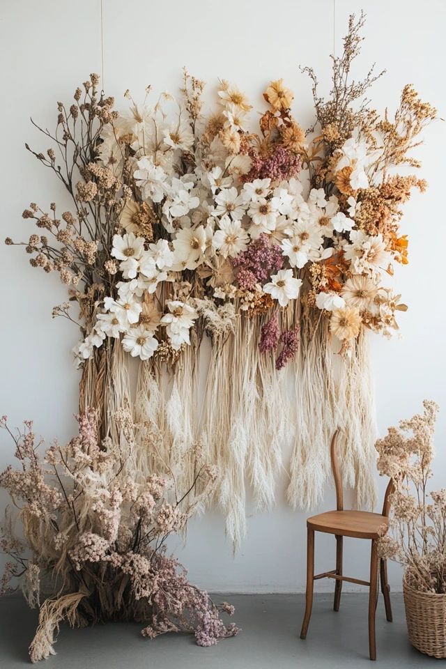 an arrangement of dried flowers and plants in front of a wall hanging on the wall