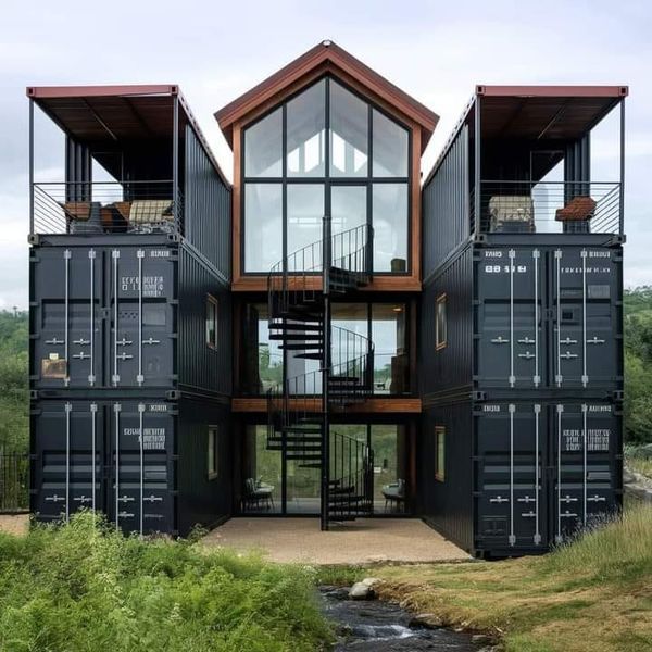 a building made out of shipping containers with stairs and balconies on the top