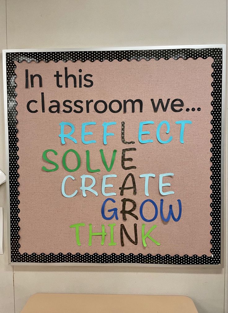 a bulletin board with writing on it in the classroom we reflect solve create grow think