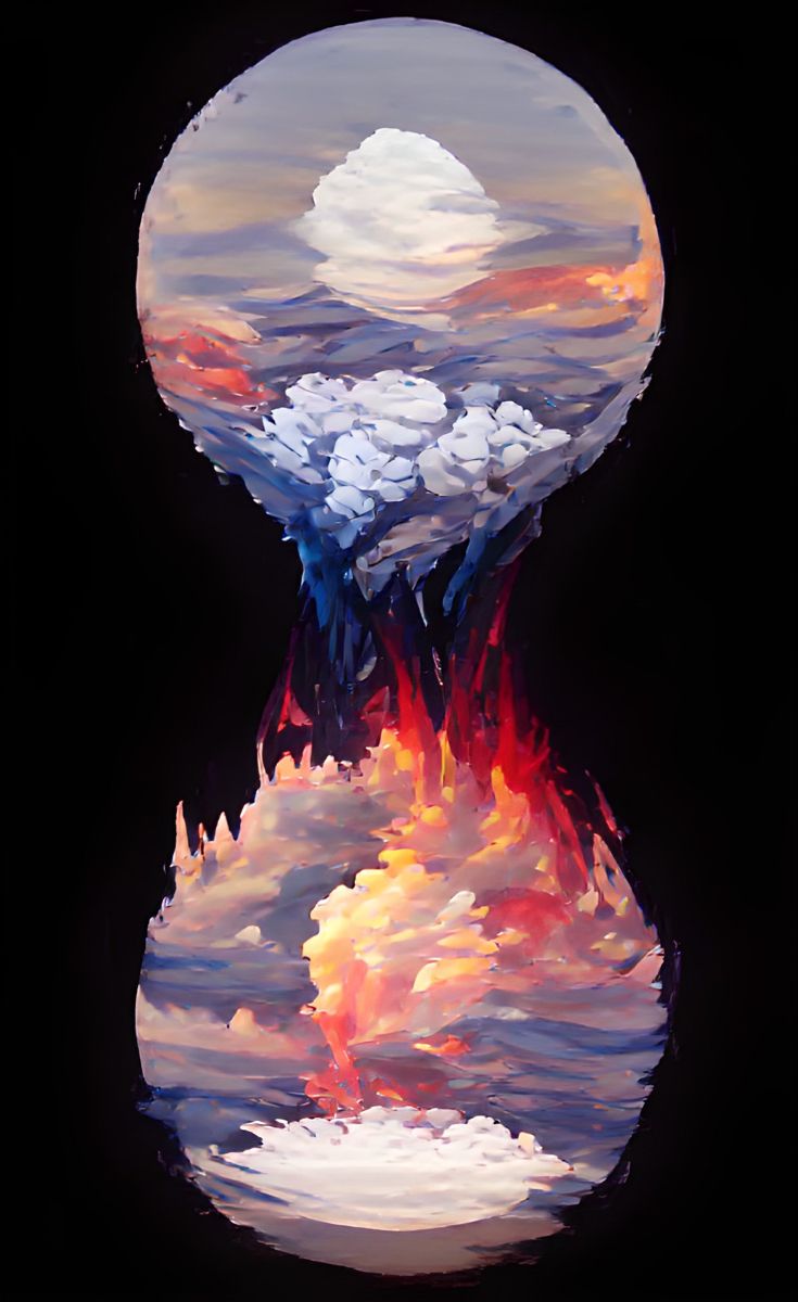 an abstract painting with clouds and mountains in the sky, as if it were floating on fire or water