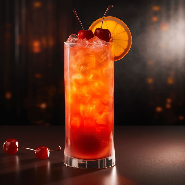 a tall glass filled with ice and cherries next to a slice of orange on the table