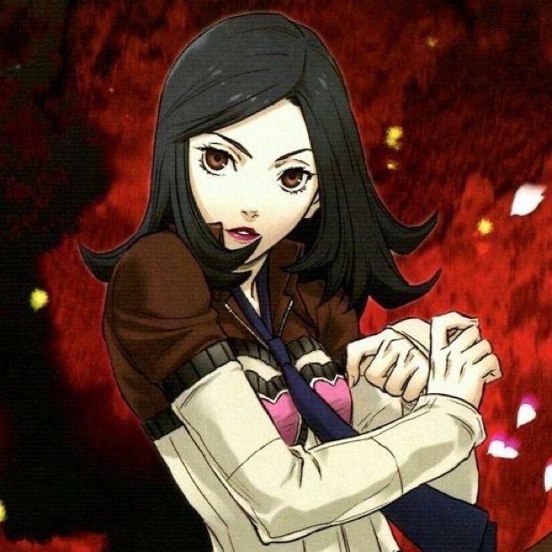 an anime character with long black hair and brown eyes is posing for the camera in front of a red background