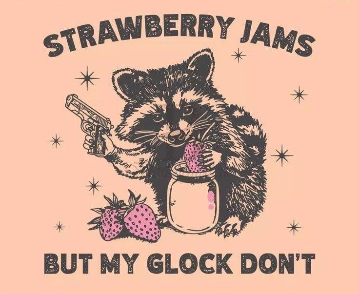 a raccoon holding a jar with strawberries on it and the words strawberry jams, but my clock don't