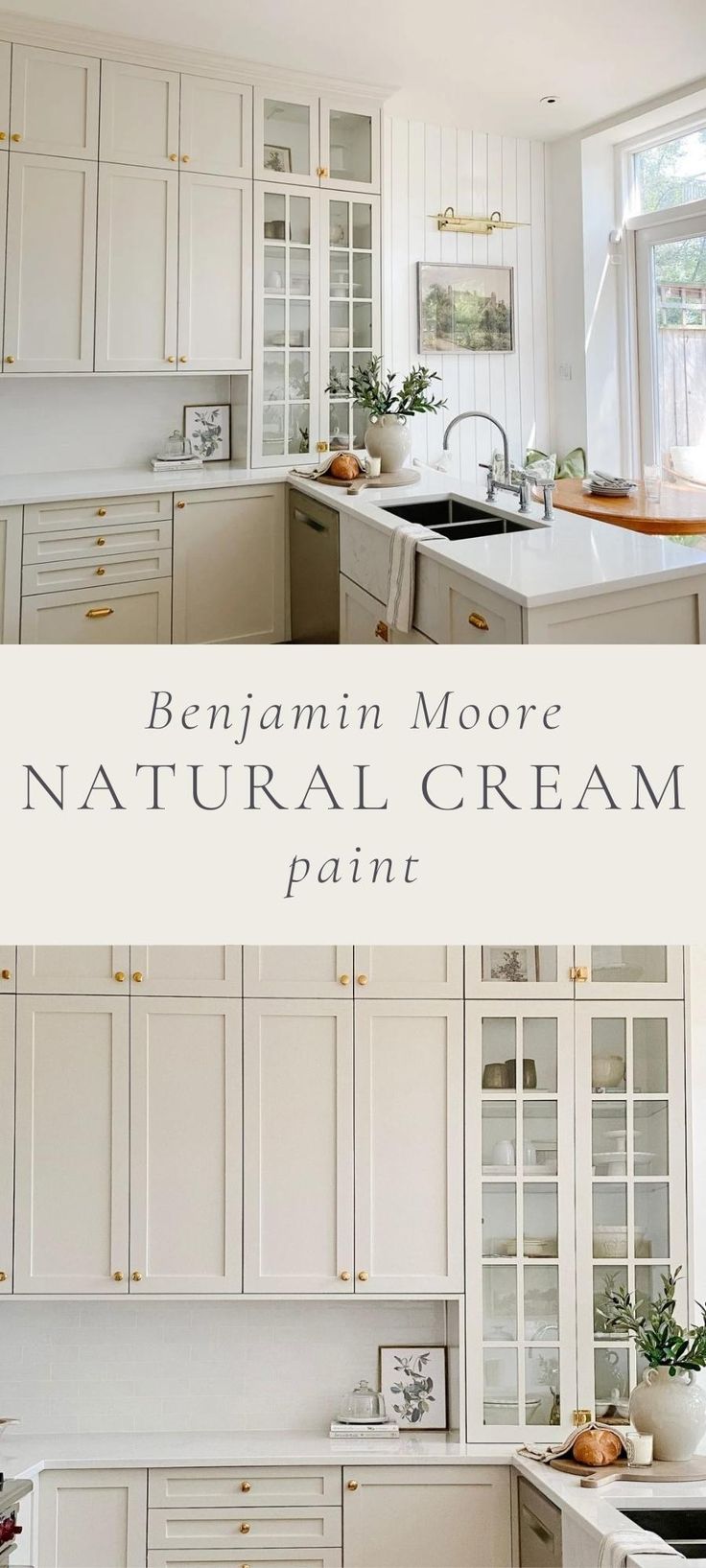 two pictures of white kitchen cabinets with the words benjamin more natural cream paint