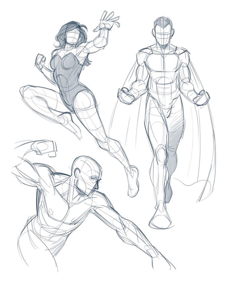 an image of some sketches of superheros in various poses, with one man standing and the