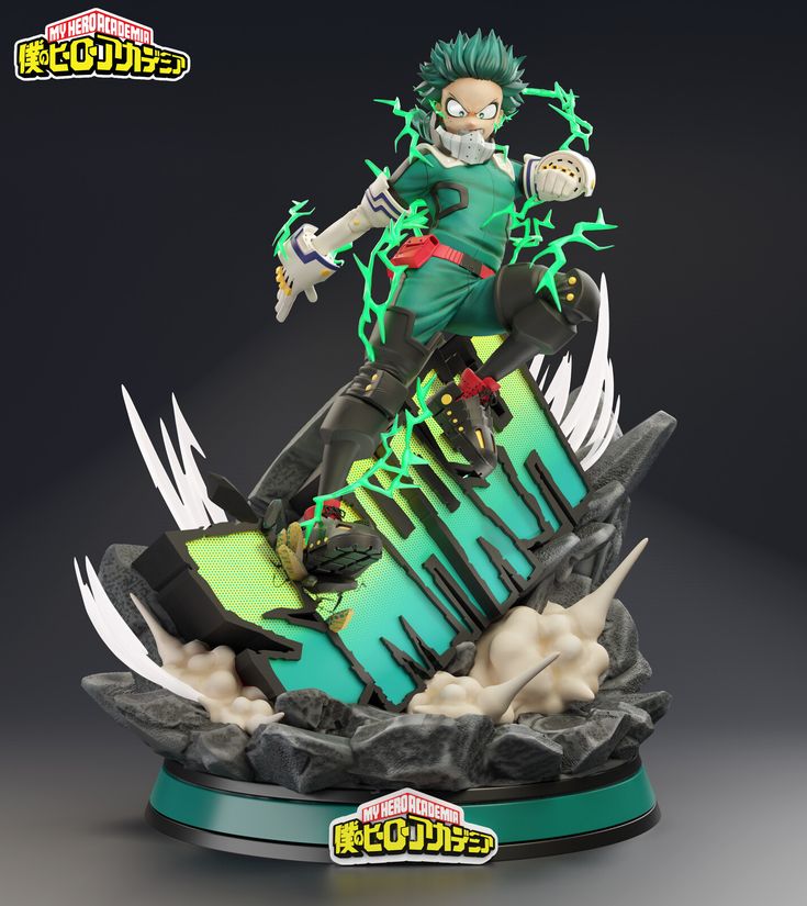 an action figure is posed on top of a rock with green and white paint splattered all over it