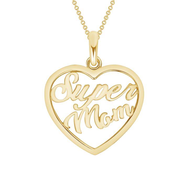 Super Mom Open Heart Pendant Necklace It doesn't have to be Mother's Day to celebrate the moms in your life. This pendant necklace makes the perfect gift for new moms and soon-to-be mothers. This dainty piece is perfect to wear on it's own or wear it with your favorite layering pieces making it perfect for everyday. Product Information:Metal: Yellow Gold, Rose Gold, White Gold and Sterling Silver Gold Purity and Weight: 10K Gold - 1.3g., 14K Gold - 1.4g., 925 Sterling Silver - 1.2g. SKU: M1915 M Personalized Heart Pendant Necklace For Mother's Day, Personalized Heart Necklace With Hallmark For Mother's Day, Mother's Day Heart Necklace With Hallmark For Personalized Gift, Meaningful Personalized Gift Necklace For Mother's Day, Meaningful Charm Necklace For Anniversary And Mother's Day, Personalized Heart Charm Necklaces For Mother's Day, Personalized Open Heart Necklace For Mother's Day, Mother's Day Heart Charm Necklace For Personalized Gift, Mother's Day Charm Necklaces