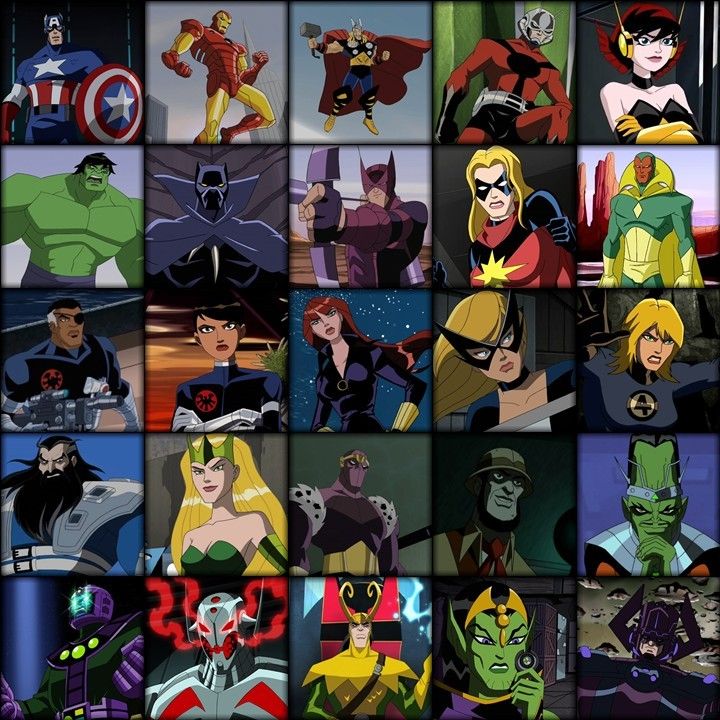 many different cartoon characters are shown together in this collage, including captain america and the avengers