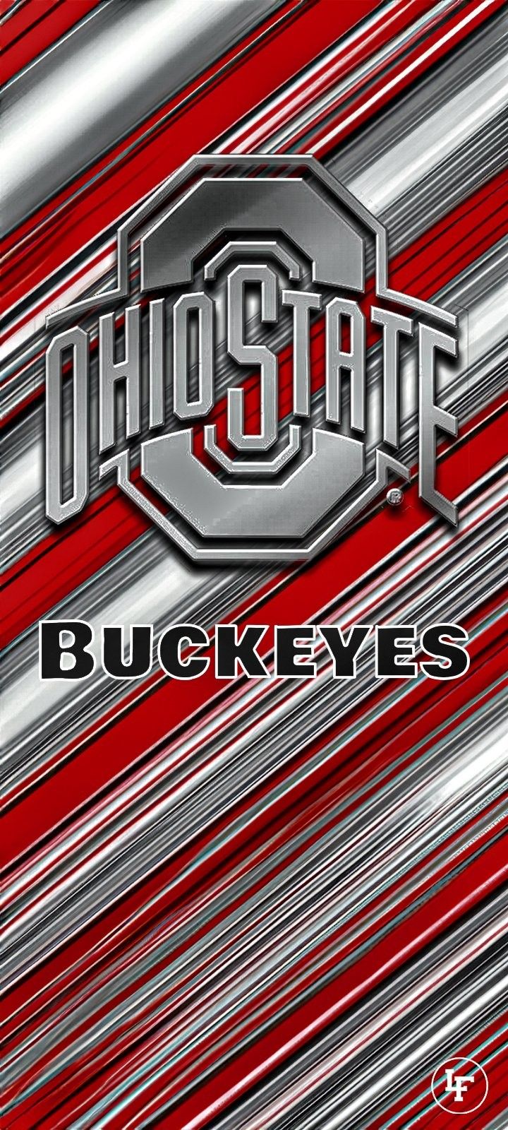 the ohio state buckeyes logo on a red and silver striped background