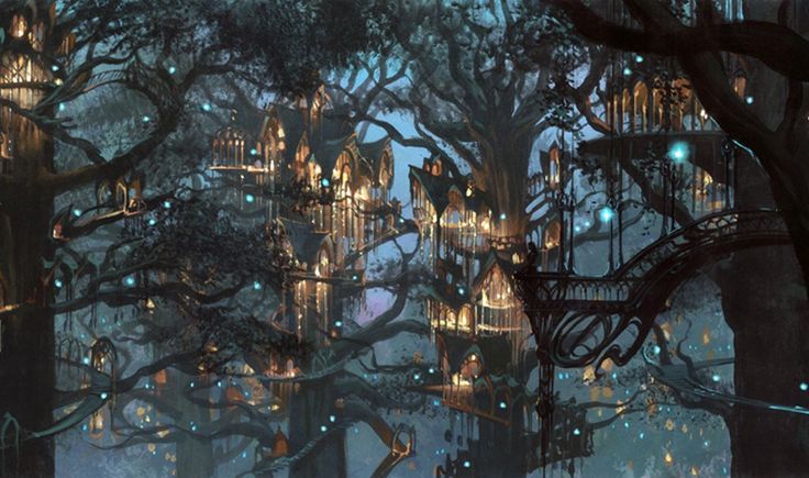 an image of a fantasy forest with lots of trees and lights in the night time