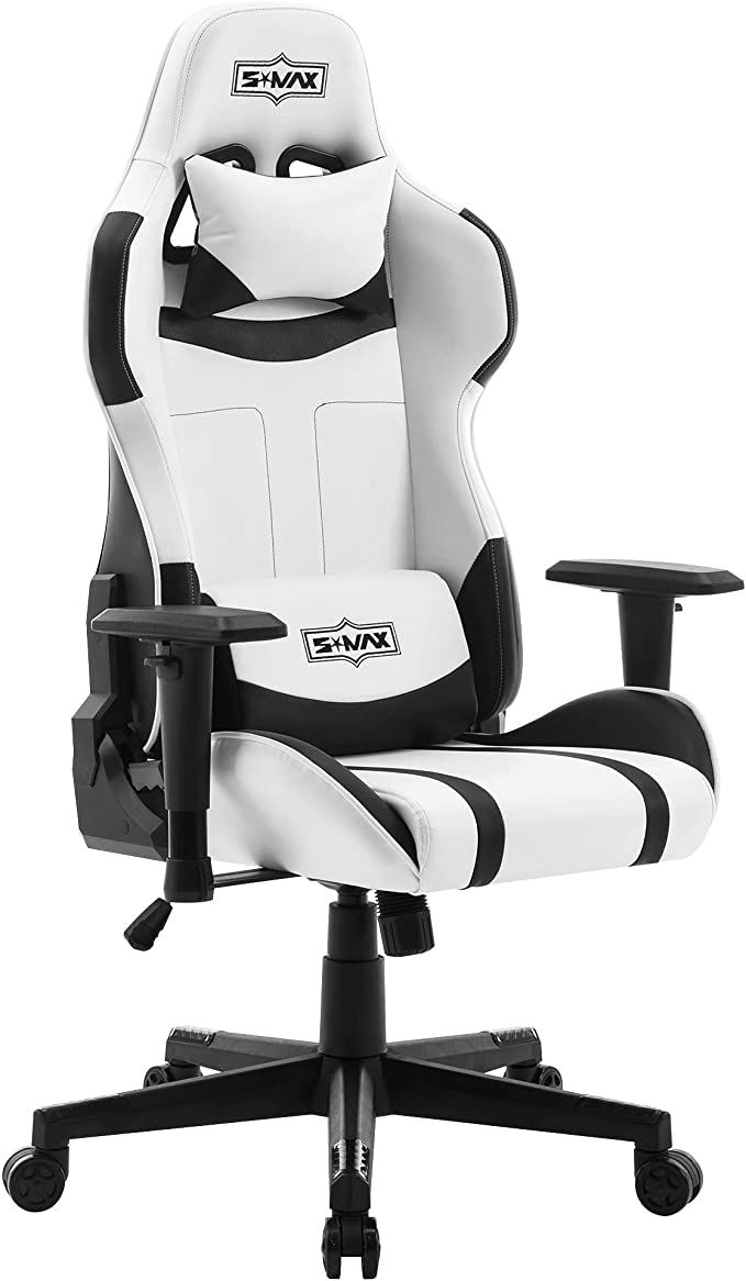 a white and black office chair with the seat up