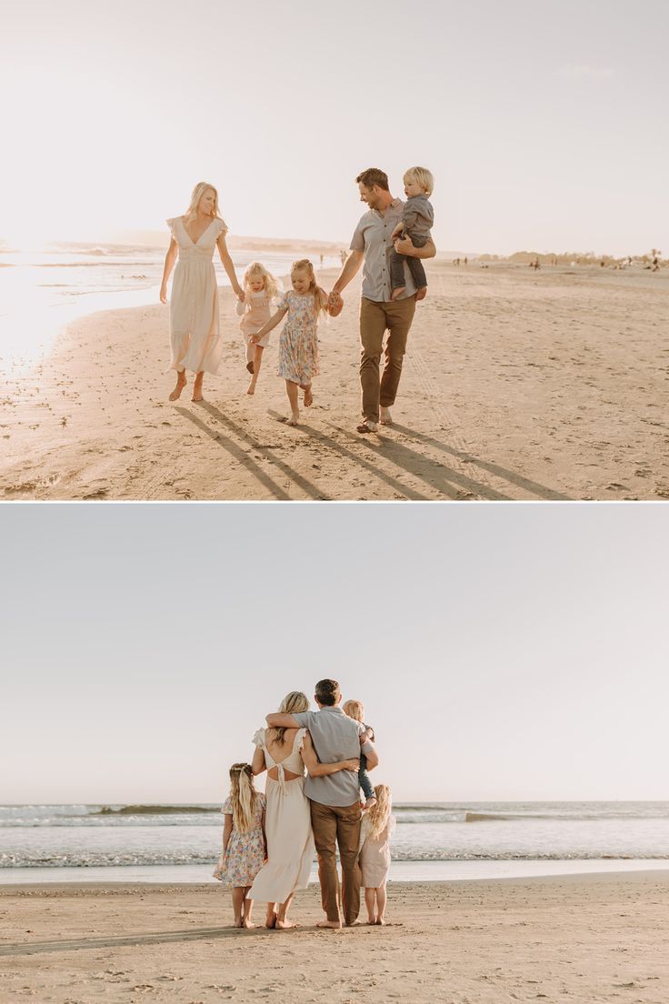 a family walking on the beach with their parents and children around them at sunset or sunrise