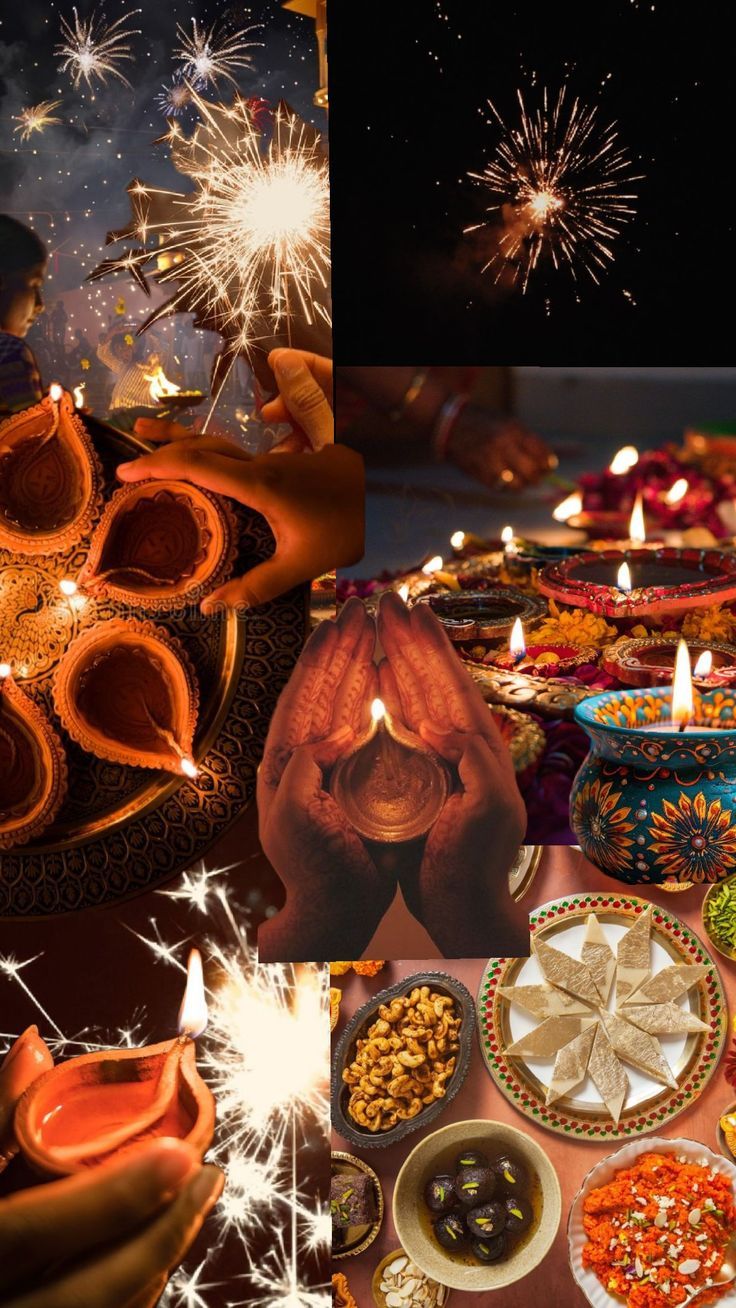 several different pictures with candles and food on the table in front of them, one is decorated