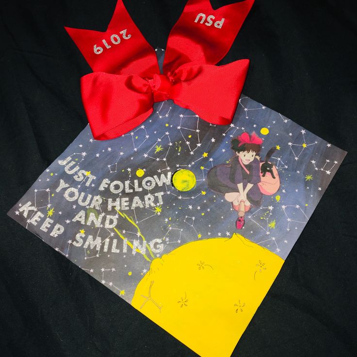 two red bows on top of a card with the words, just follow your heart and keep smiling