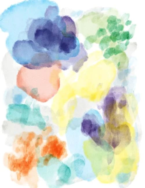 an abstract watercolor painting with different colors and shapes on it's paper background