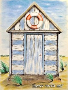 a drawing of a beach hut with a life preserver on it's door