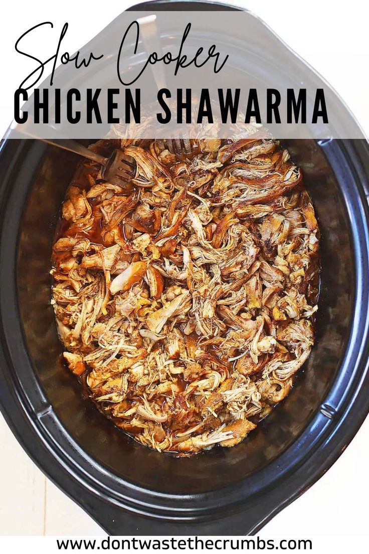 slow cooker chicken shawarma in the crock pot with text overlay