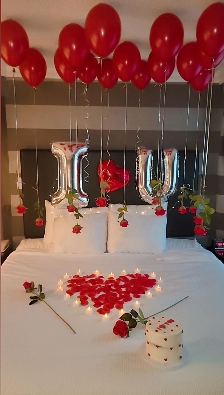 Made with love and lots of fun Room Ideas Valentines Day, Surprise Hotel Room For Her, Anniversary Bedroom Surprise, Valentines Day Decorations For Girlfriend, Wedding Night Room Aesthetic, Hotel Room Surprise Romantic, Room Decor Bedroom Romantic, Surprise Bedroom Romantic, Room Decor Surprise For Him